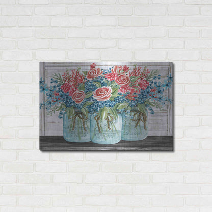 Luxe Metal Art 'Red, White & Blue Jars with White Flowers' by Cindy Jacobs, Metal Wall Art,36x24