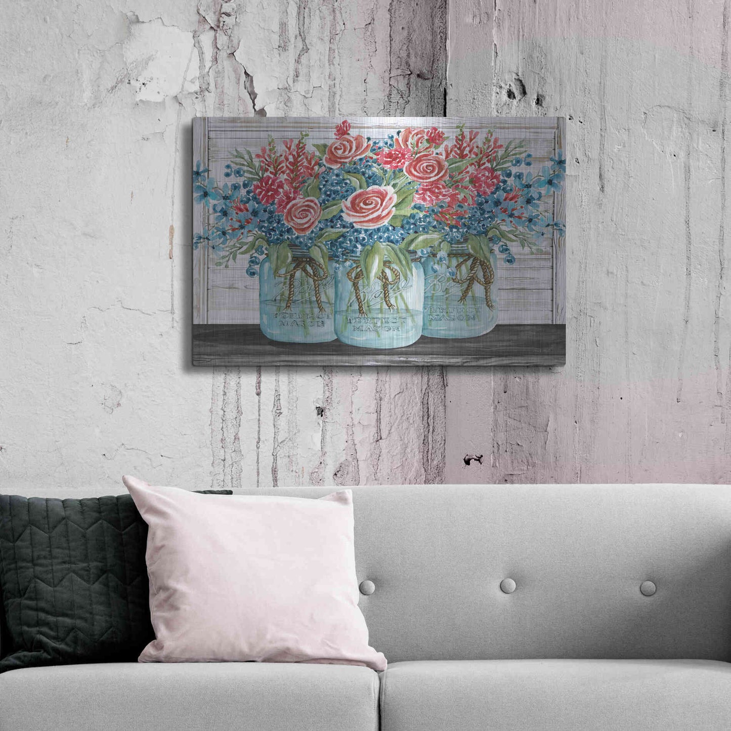 Luxe Metal Art 'Red, White & Blue Jars with White Flowers' by Cindy Jacobs, Metal Wall Art,36x24