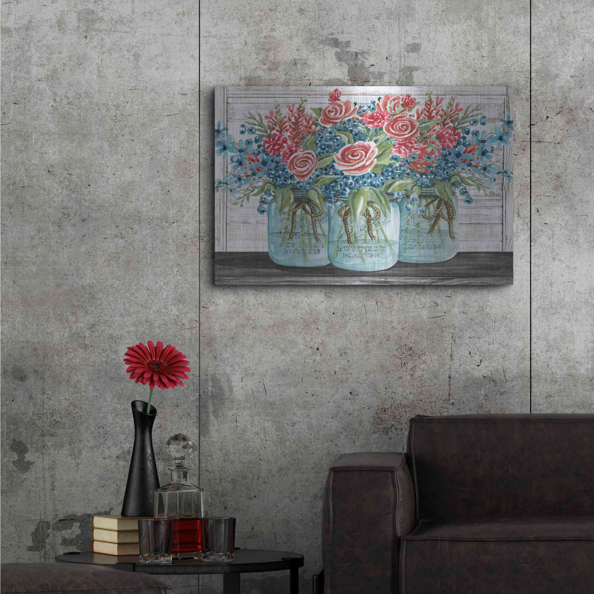Luxe Metal Art 'Red, White & Blue Jars with White Flowers' by Cindy Jacobs, Metal Wall Art,36x24