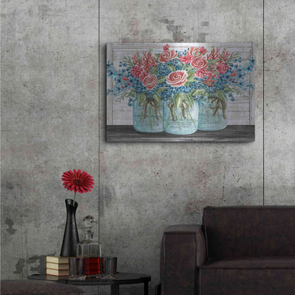 Luxe Metal Art 'Red, White & Blue Jars with White Flowers' by Cindy Jacobs, Metal Wall Art,36x24