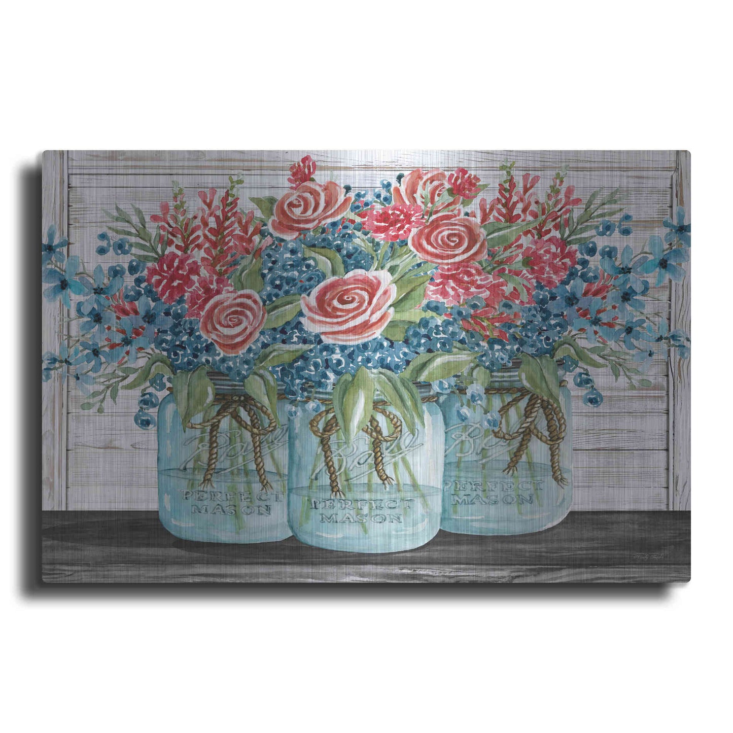 Luxe Metal Art 'Red, White & Blue Jars with White Flowers' by Cindy Jacobs, Metal Wall Art