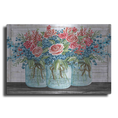 Luxe Metal Art 'Red, White & Blue Jars with White Flowers' by Cindy Jacobs, Metal Wall Art