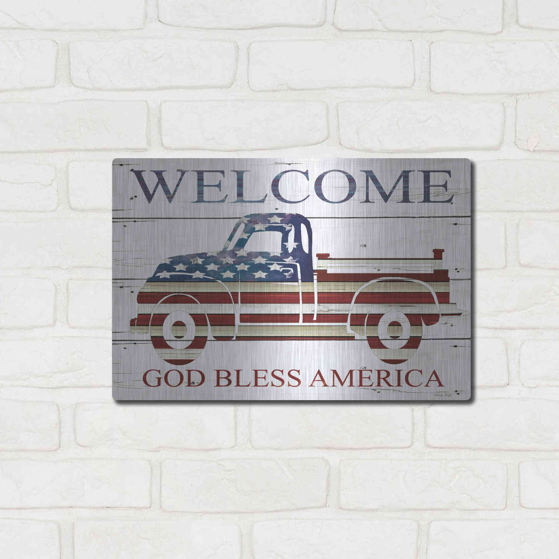 Luxe Metal Art 'Welcome Patriotic Truck' by Cindy Jacobs, Metal Wall Art,16x12