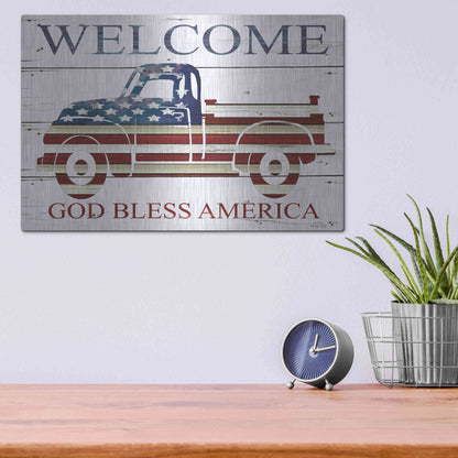 Luxe Metal Art 'Welcome Patriotic Truck' by Cindy Jacobs, Metal Wall Art,16x12