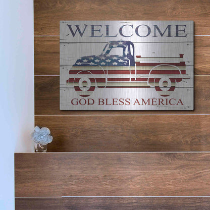 Luxe Metal Art 'Welcome Patriotic Truck' by Cindy Jacobs, Metal Wall Art,16x12