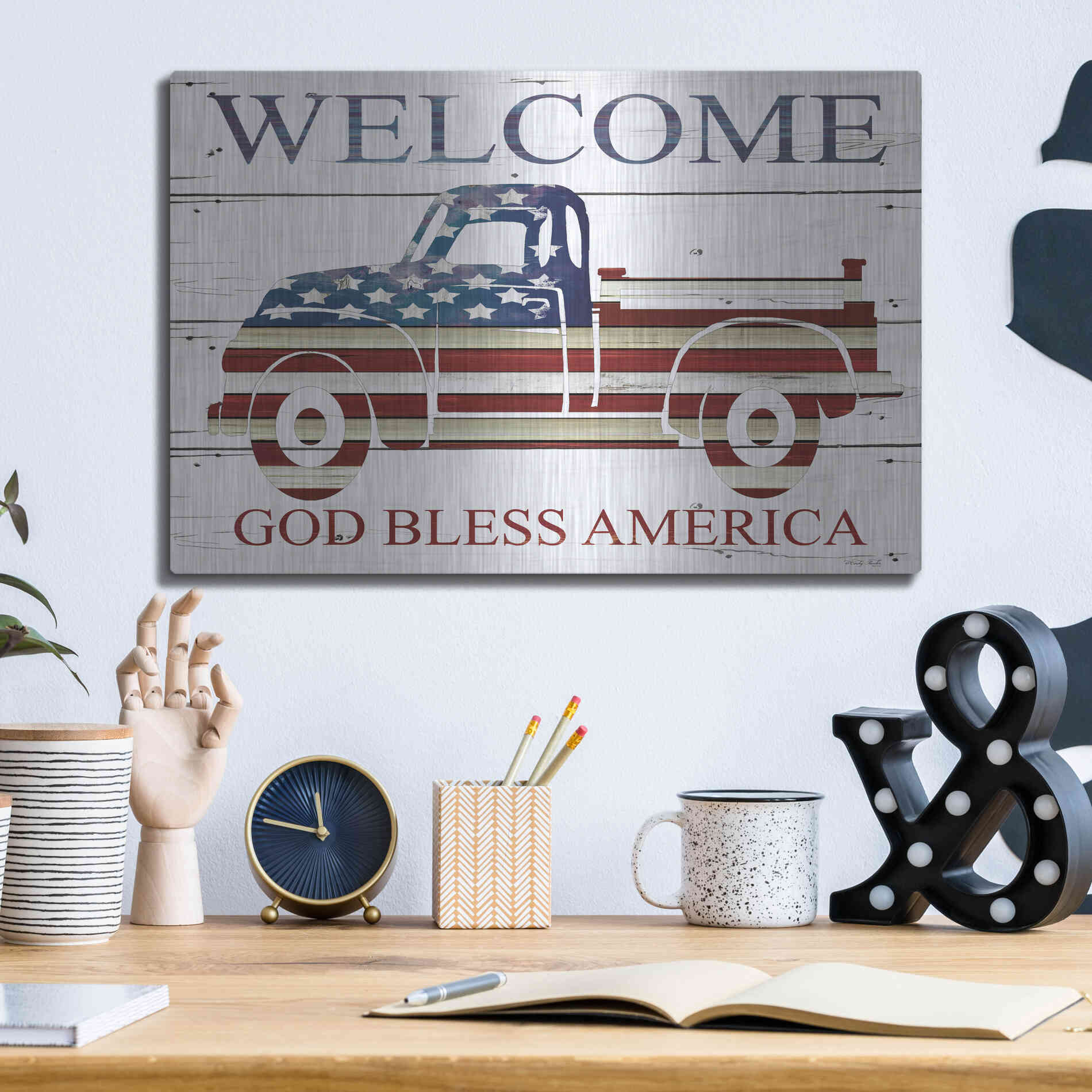 Luxe Metal Art 'Welcome Patriotic Truck' by Cindy Jacobs, Metal Wall Art,16x12