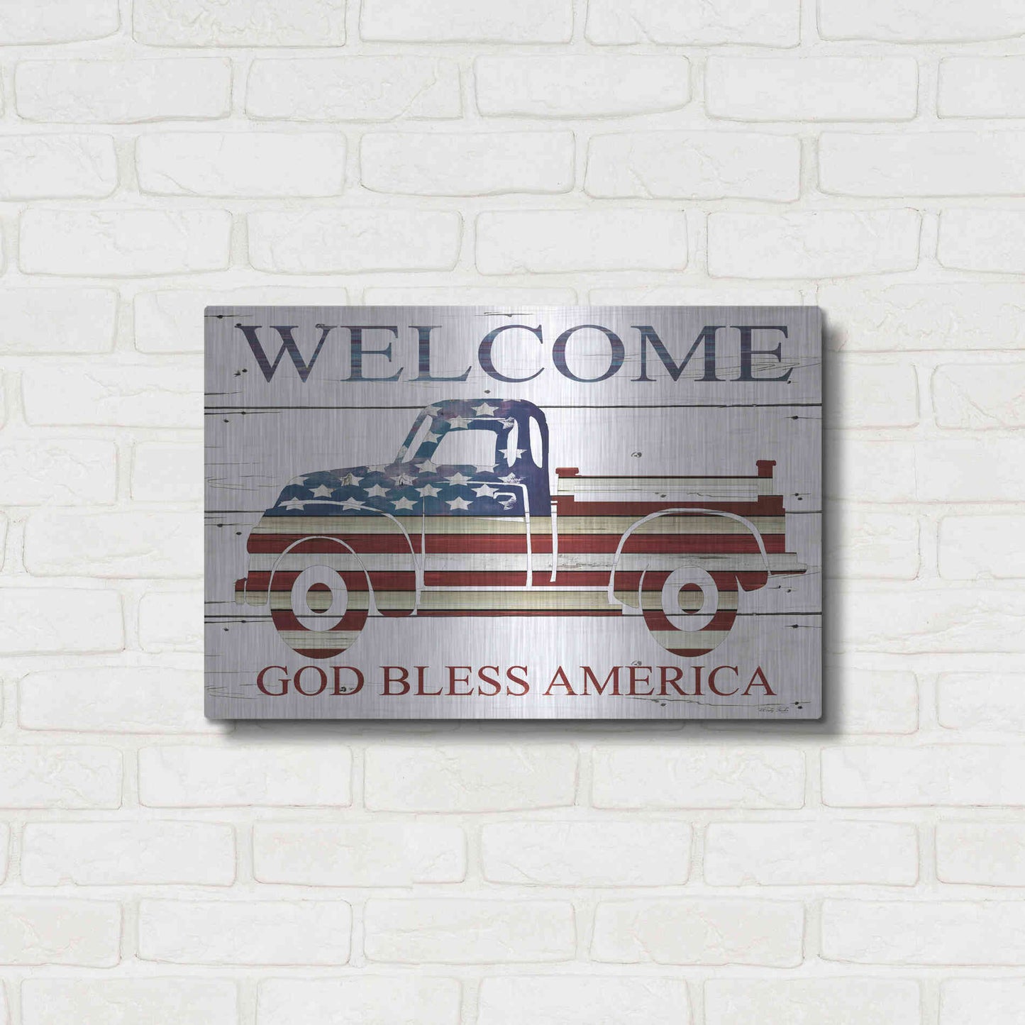 Luxe Metal Art 'Welcome Patriotic Truck' by Cindy Jacobs, Metal Wall Art,24x16