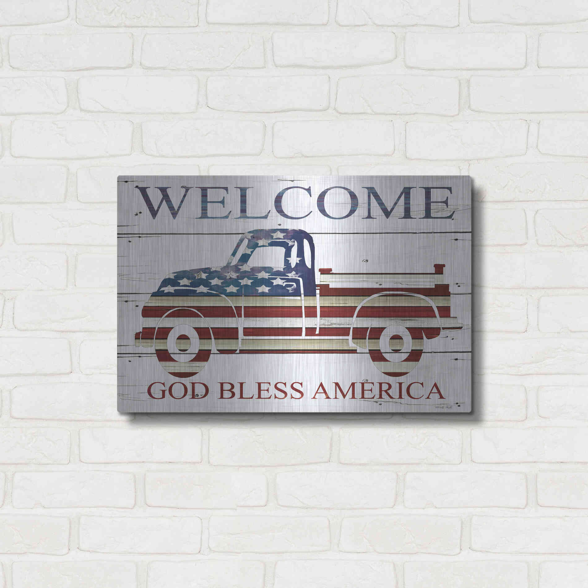 Luxe Metal Art 'Welcome Patriotic Truck' by Cindy Jacobs, Metal Wall Art,24x16