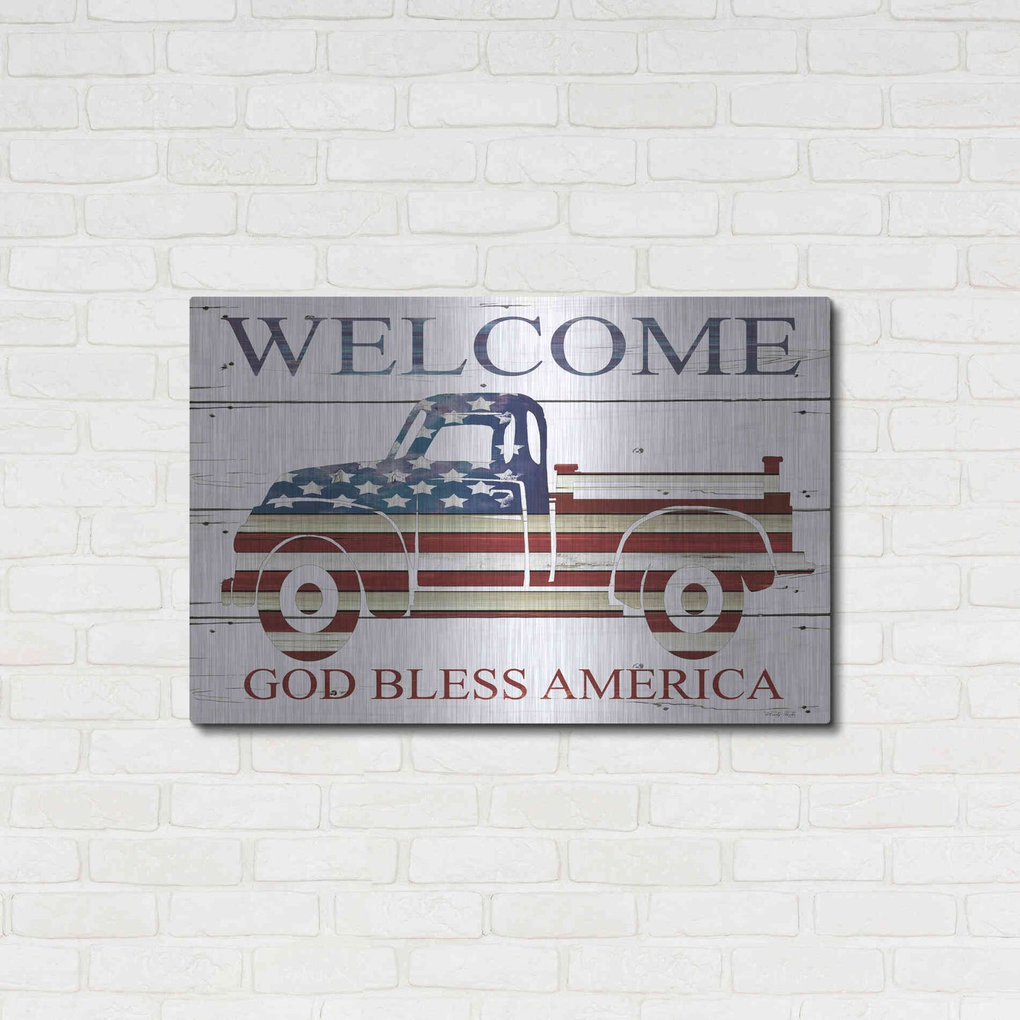 Luxe Metal Art 'Welcome Patriotic Truck' by Cindy Jacobs, Metal Wall Art,36x24