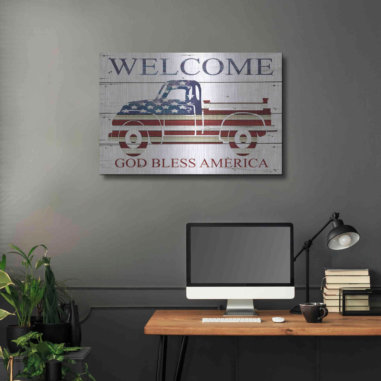 Luxe Metal Art 'Welcome Patriotic Truck' by Cindy Jacobs, Metal Wall Art,36x24