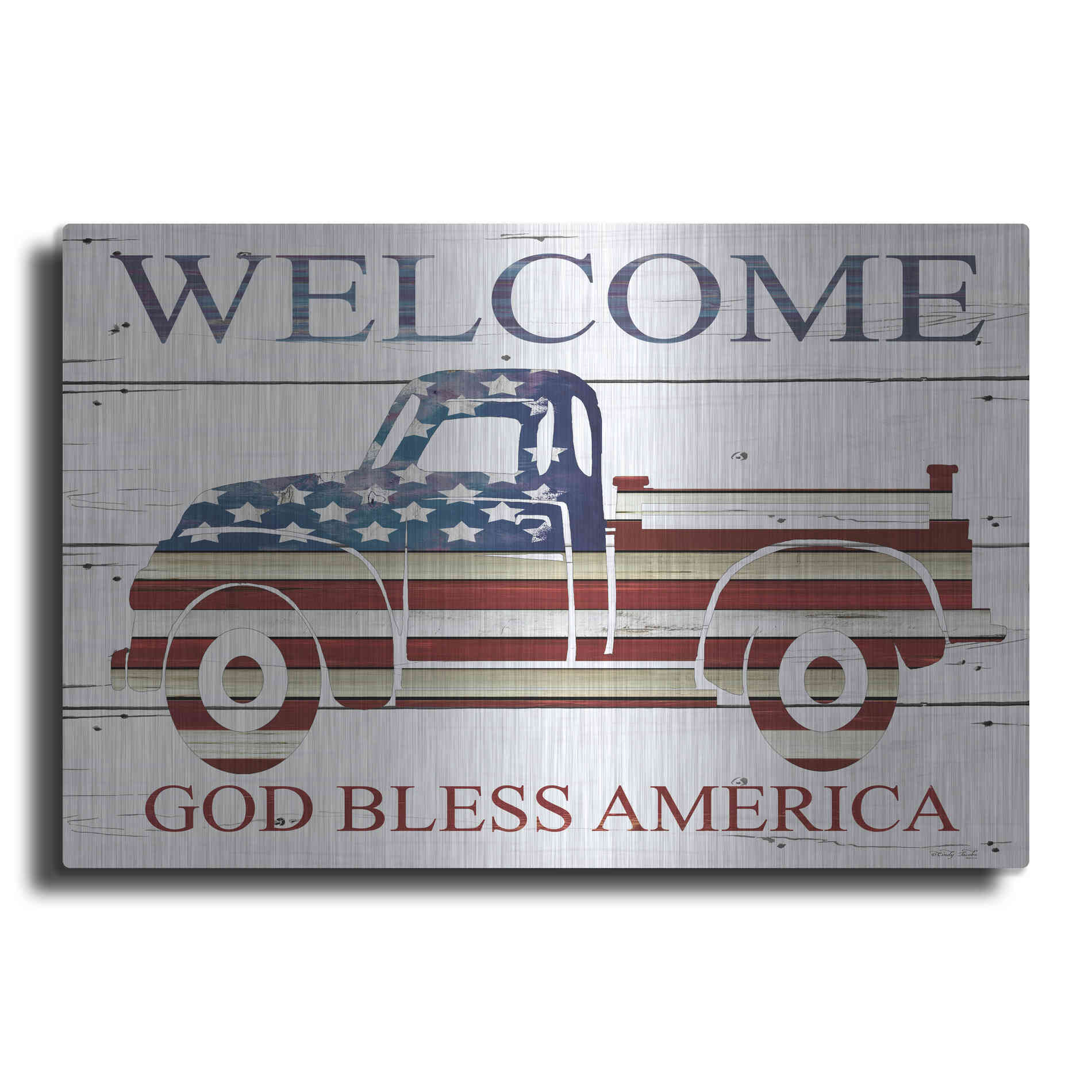 Luxe Metal Art 'Welcome Patriotic Truck' by Cindy Jacobs, Metal Wall Art