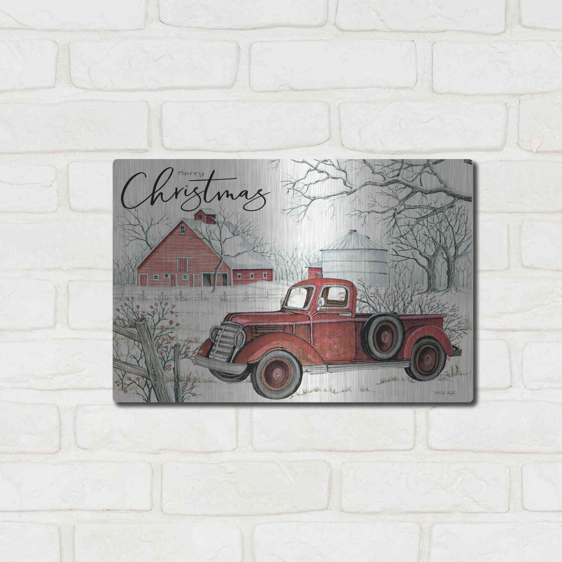 Luxe Metal Art 'Red Truck Winter Barn' by Cindy Jacobs, Metal Wall Art,16x12