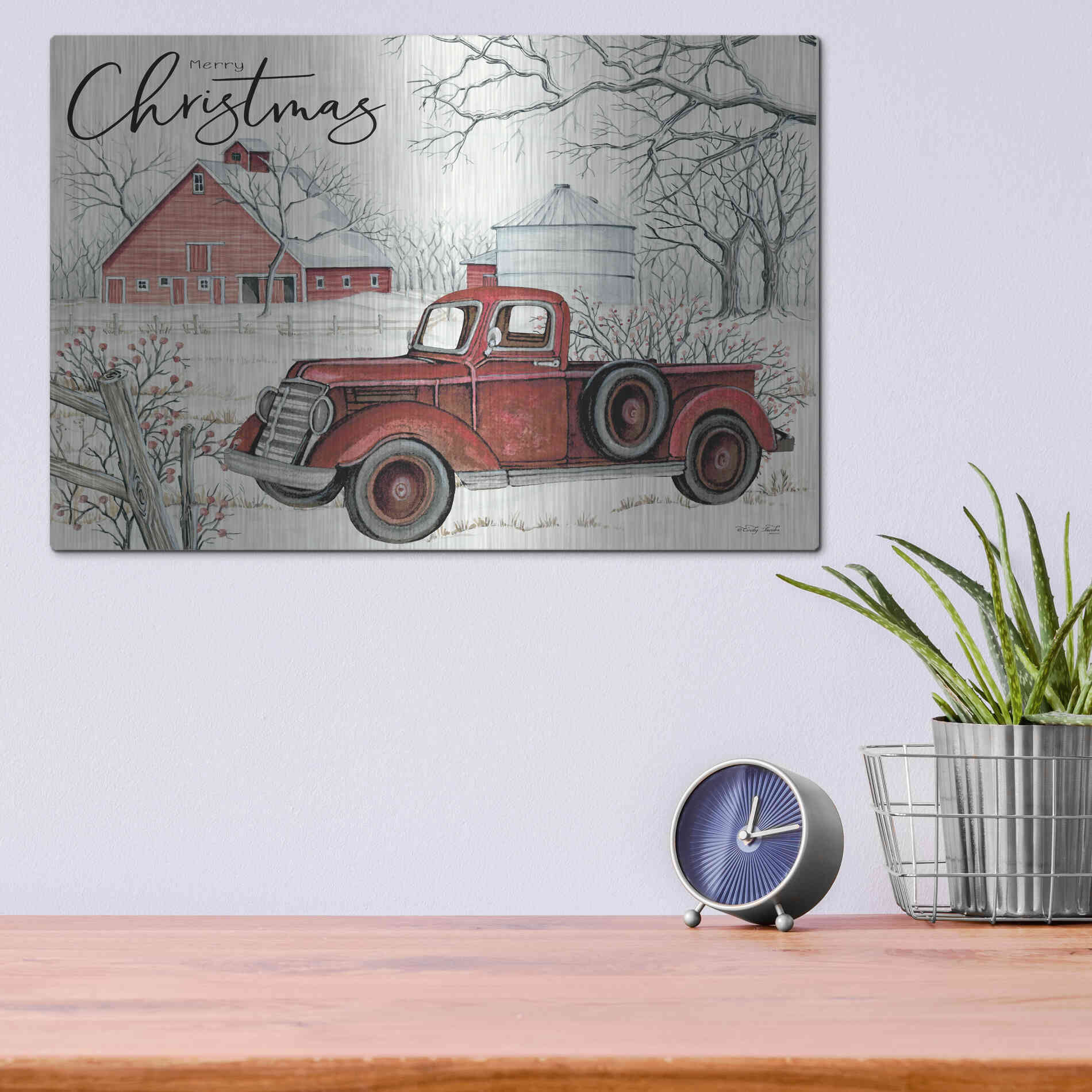 Luxe Metal Art 'Red Truck Winter Barn' by Cindy Jacobs, Metal Wall Art,16x12