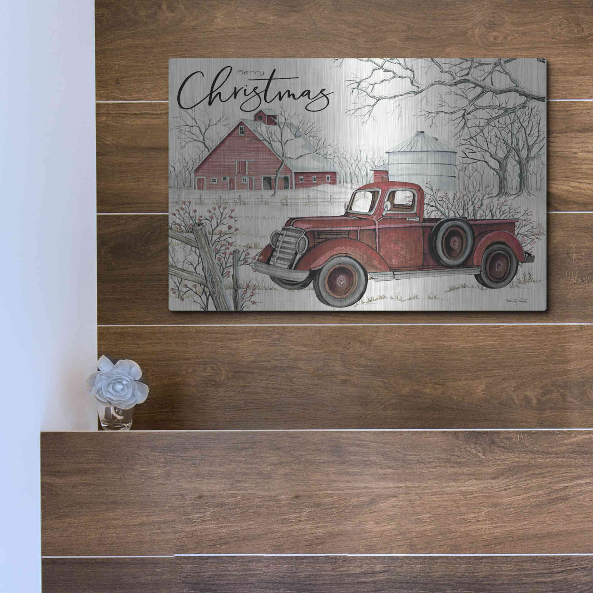 Luxe Metal Art 'Red Truck Winter Barn' by Cindy Jacobs, Metal Wall Art,16x12