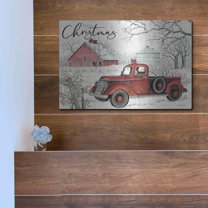 Luxe Metal Art 'Red Truck Winter Barn' by Cindy Jacobs, Metal Wall Art,16x12