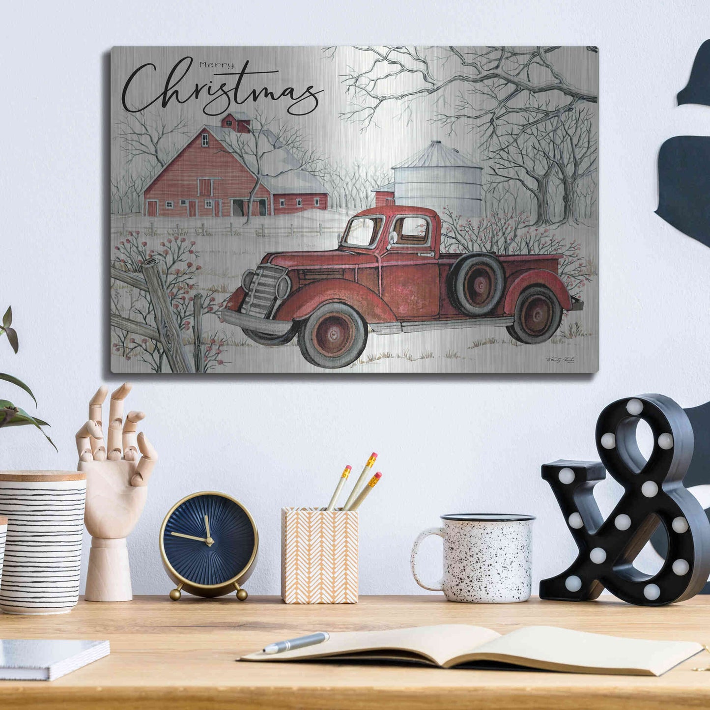 Luxe Metal Art 'Red Truck Winter Barn' by Cindy Jacobs, Metal Wall Art,16x12