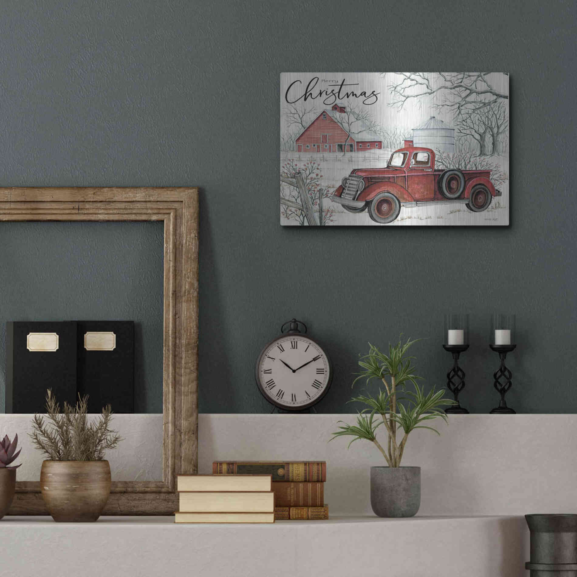 Luxe Metal Art 'Red Truck Winter Barn' by Cindy Jacobs, Metal Wall Art,16x12