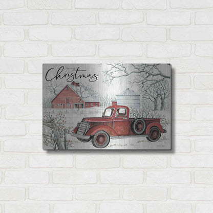 Luxe Metal Art 'Red Truck Winter Barn' by Cindy Jacobs, Metal Wall Art,24x16