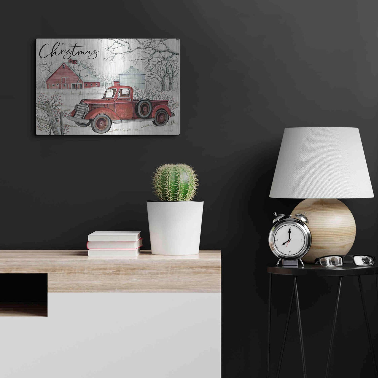 Luxe Metal Art 'Red Truck Winter Barn' by Cindy Jacobs, Metal Wall Art,24x16