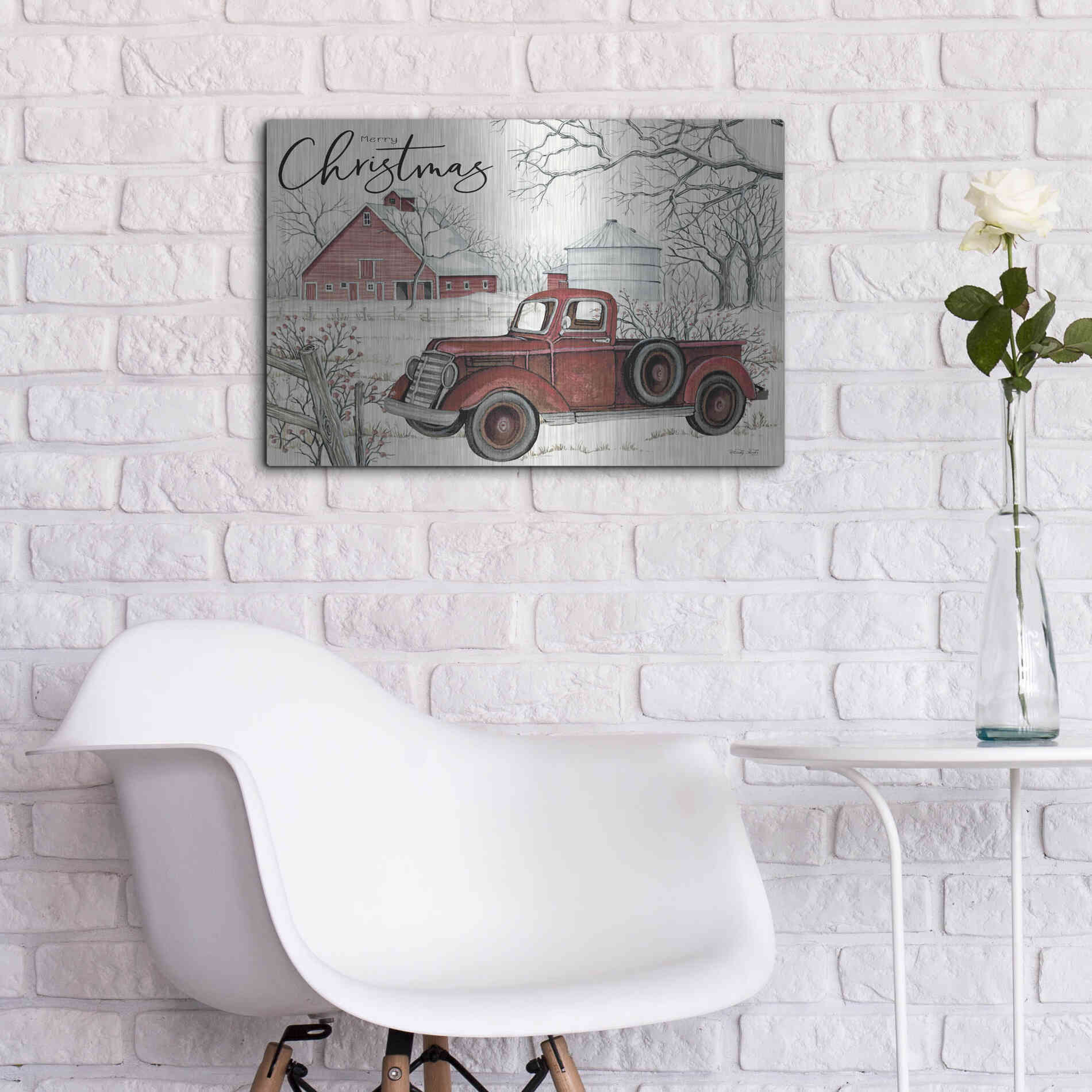 Luxe Metal Art 'Red Truck Winter Barn' by Cindy Jacobs, Metal Wall Art,24x16