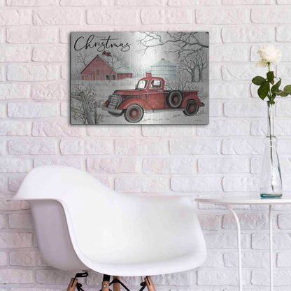 Luxe Metal Art 'Red Truck Winter Barn' by Cindy Jacobs, Metal Wall Art,24x16