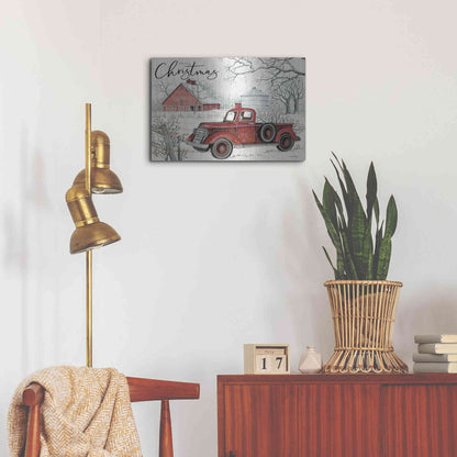 Luxe Metal Art 'Red Truck Winter Barn' by Cindy Jacobs, Metal Wall Art,24x16