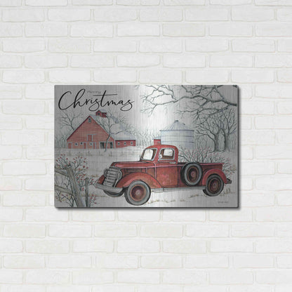 Luxe Metal Art 'Red Truck Winter Barn' by Cindy Jacobs, Metal Wall Art,36x24