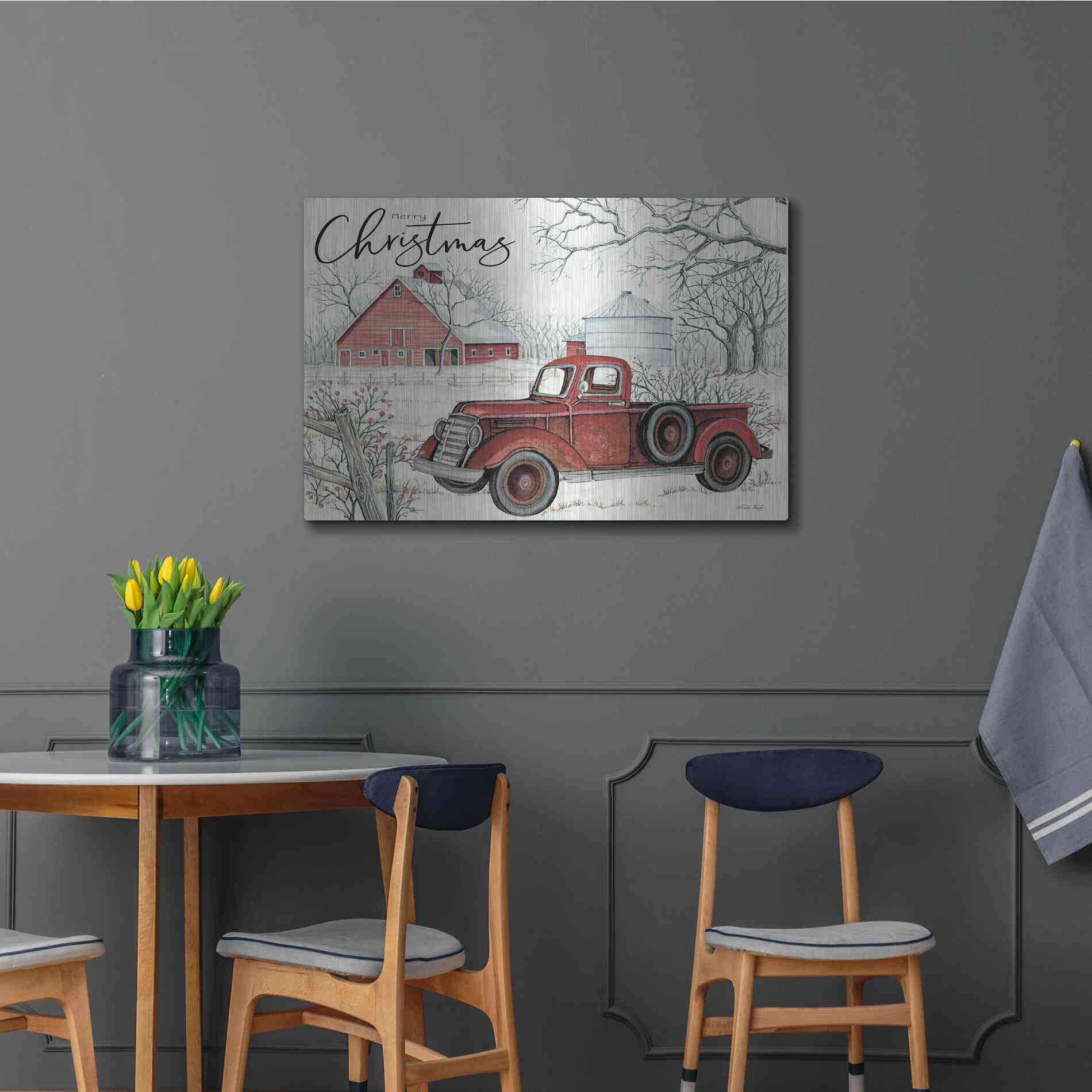 Luxe Metal Art 'Red Truck Winter Barn' by Cindy Jacobs, Metal Wall Art,36x24