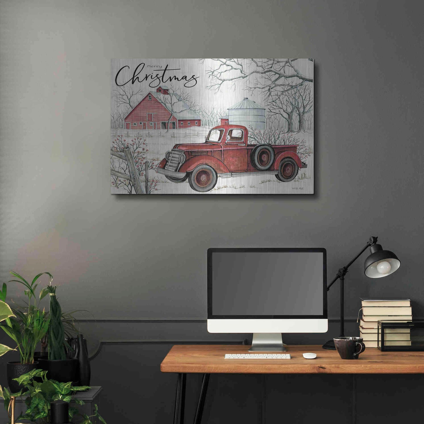 Luxe Metal Art 'Red Truck Winter Barn' by Cindy Jacobs, Metal Wall Art,36x24