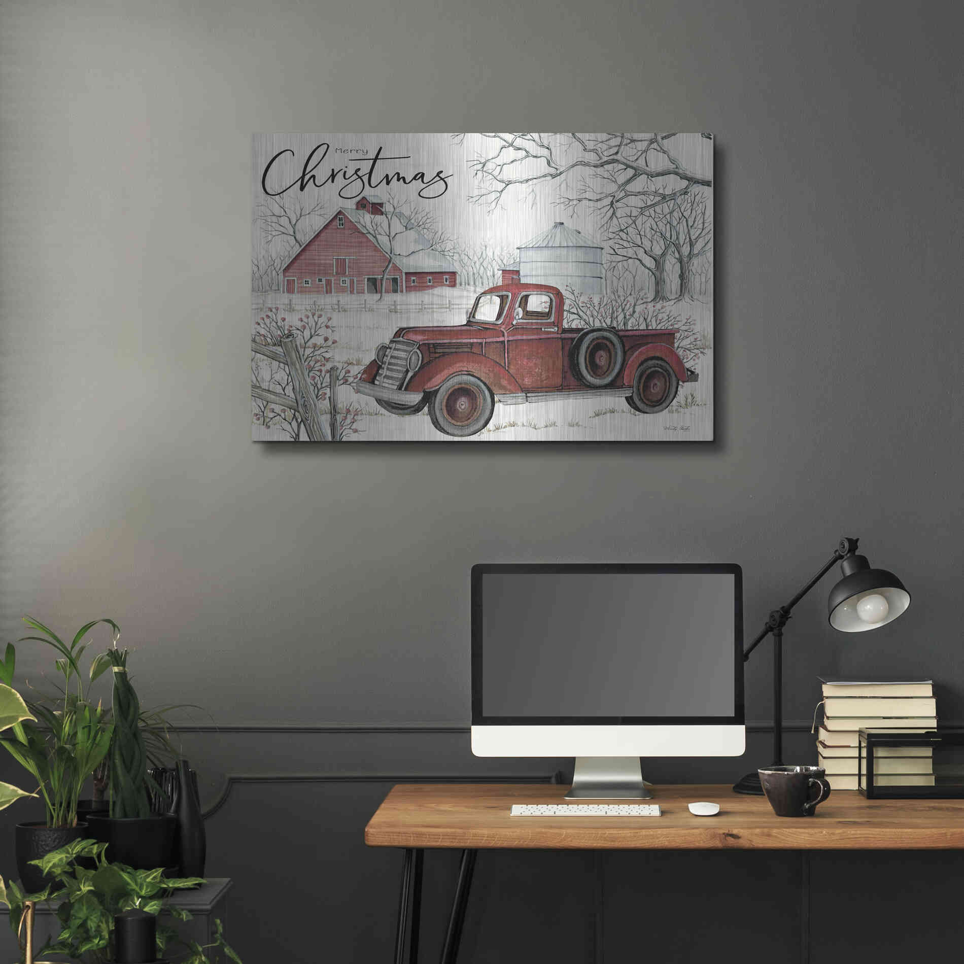 Luxe Metal Art 'Red Truck Winter Barn' by Cindy Jacobs, Metal Wall Art,36x24