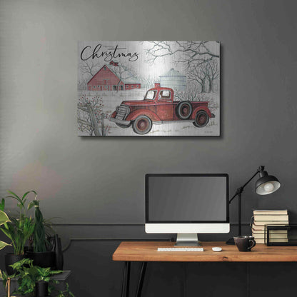 Luxe Metal Art 'Red Truck Winter Barn' by Cindy Jacobs, Metal Wall Art,36x24