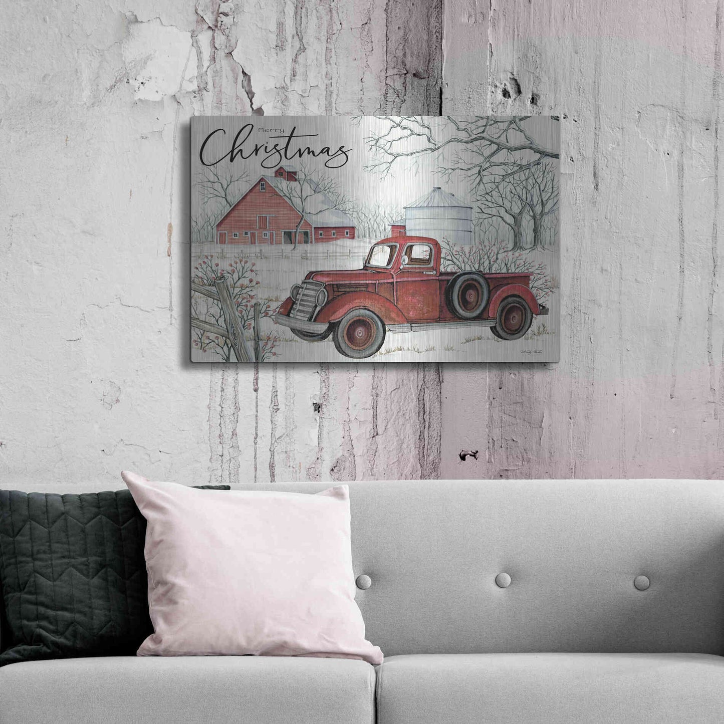 Luxe Metal Art 'Red Truck Winter Barn' by Cindy Jacobs, Metal Wall Art,36x24