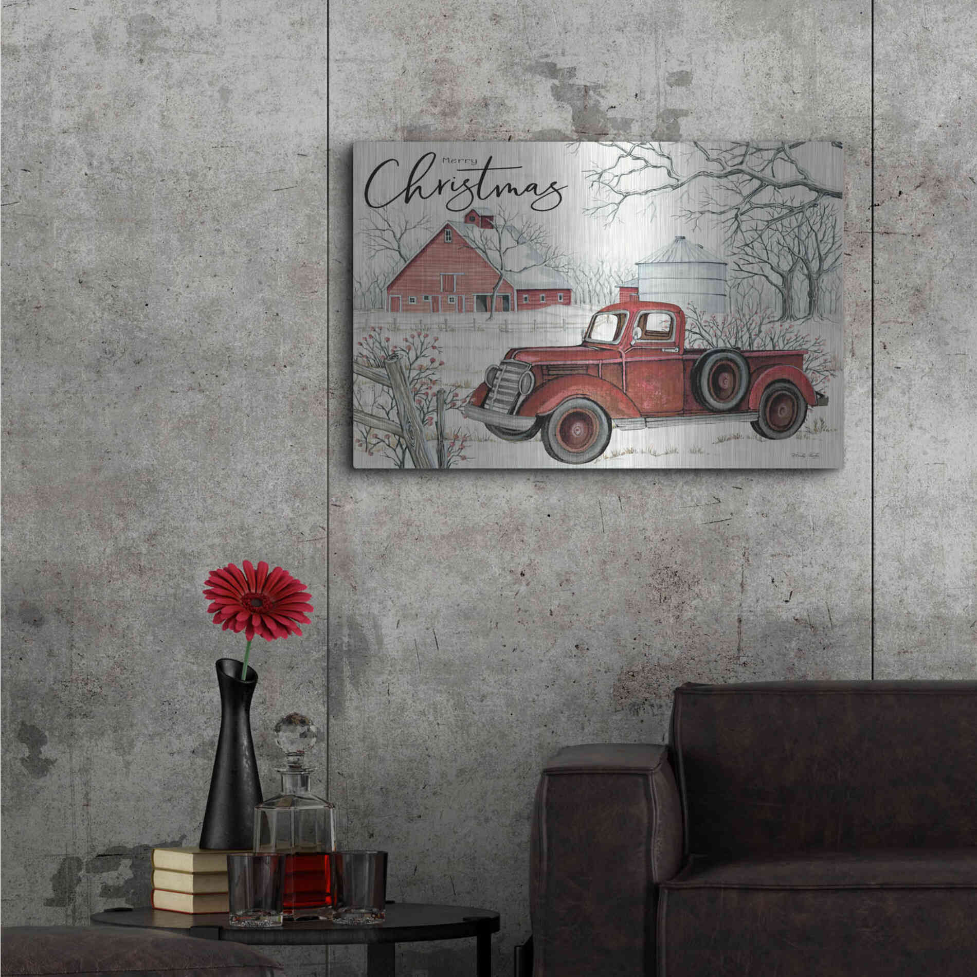 Luxe Metal Art 'Red Truck Winter Barn' by Cindy Jacobs, Metal Wall Art,36x24