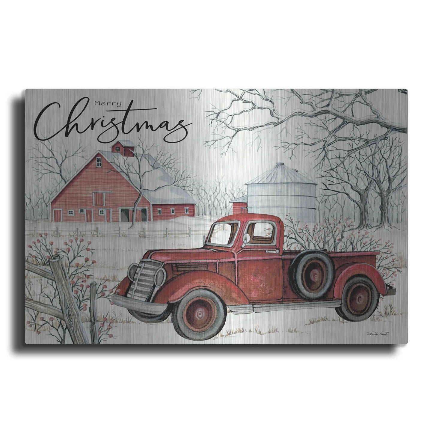 Luxe Metal Art 'Red Truck Winter Barn' by Cindy Jacobs, Metal Wall Art