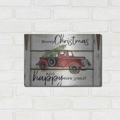 Luxe Metal Art 'Merry Christmas & Happy New Year Red Truck' by Cindy Jacobs, Metal Wall Art,16x12