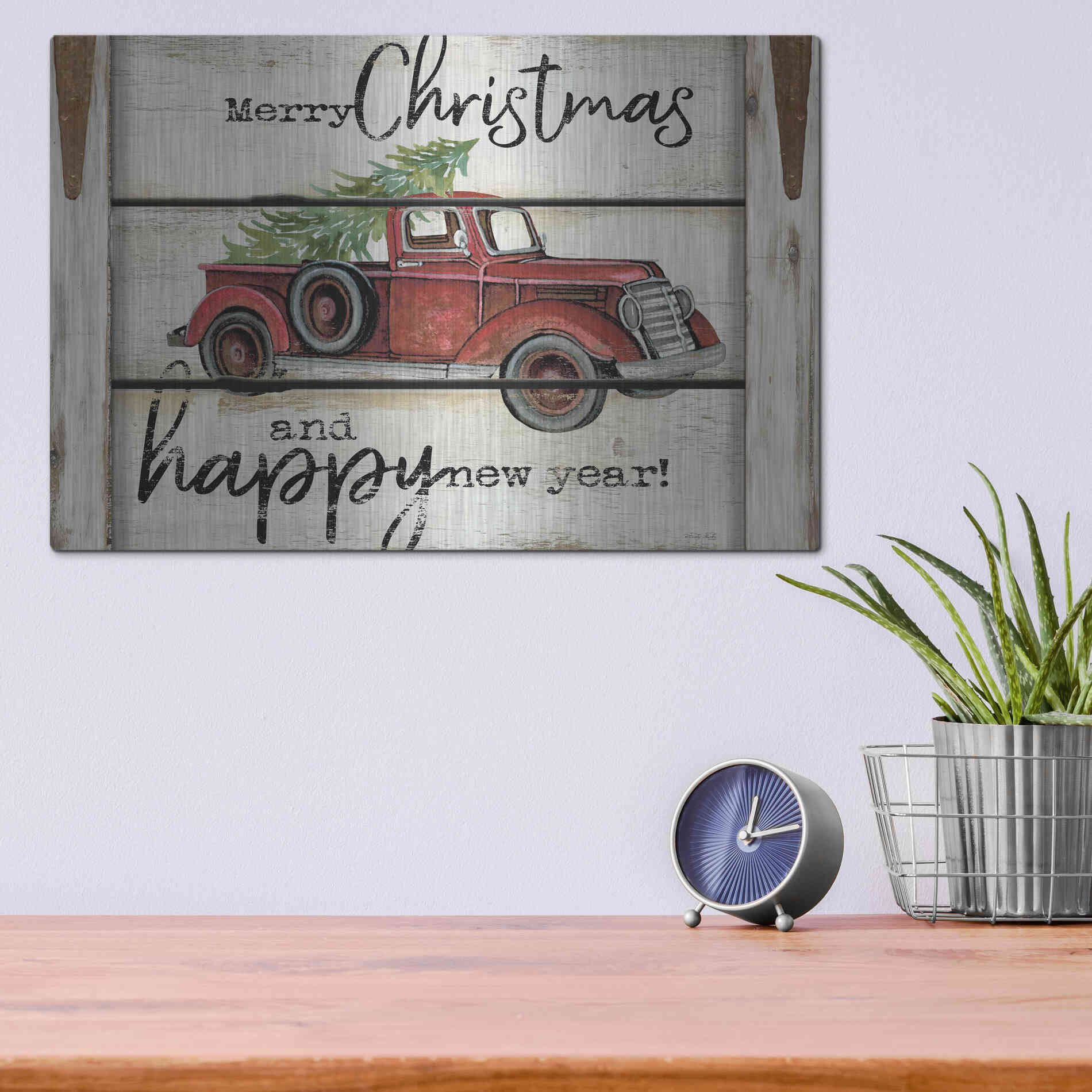 Luxe Metal Art 'Merry Christmas & Happy New Year Red Truck' by Cindy Jacobs, Metal Wall Art,16x12