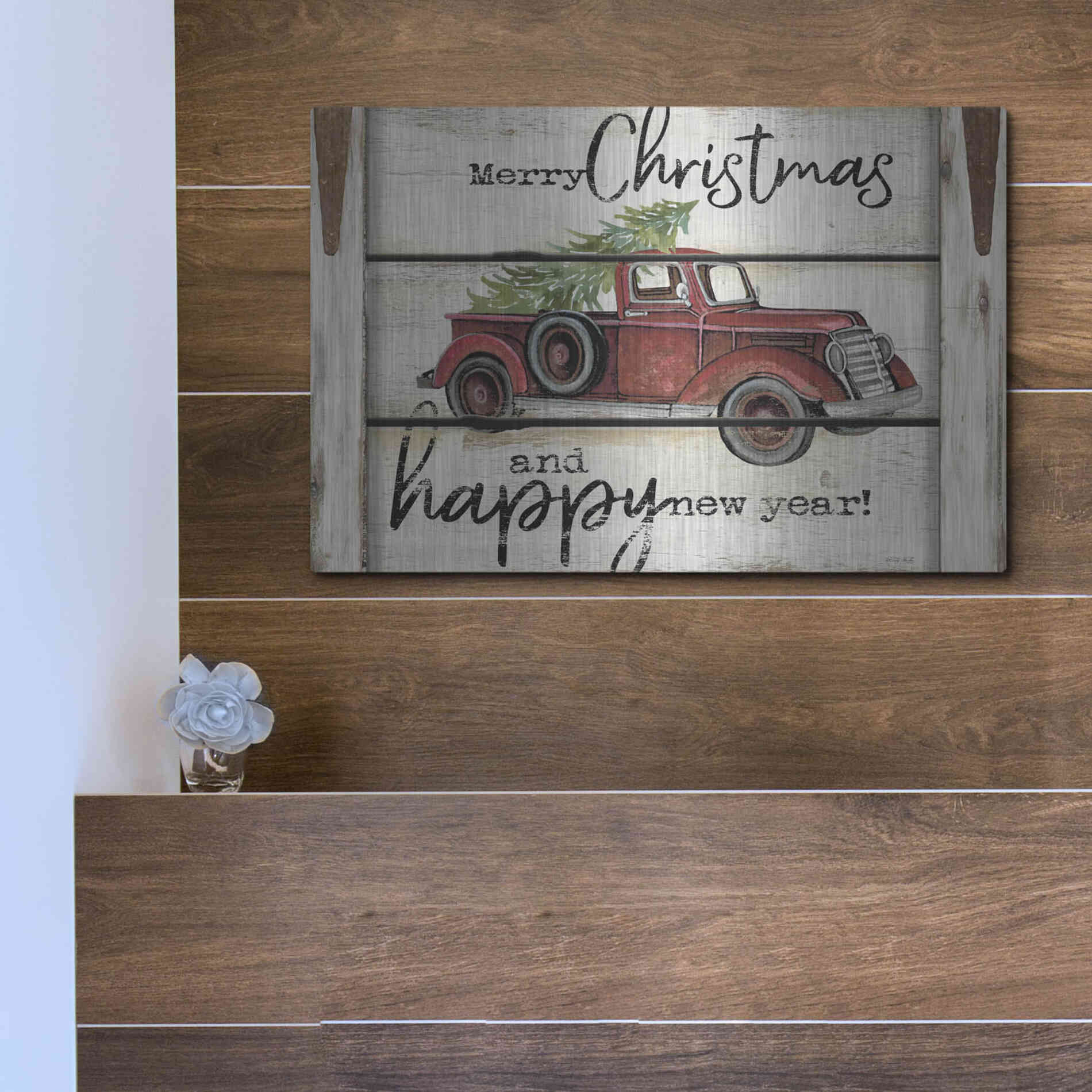 Luxe Metal Art 'Merry Christmas & Happy New Year Red Truck' by Cindy Jacobs, Metal Wall Art,16x12