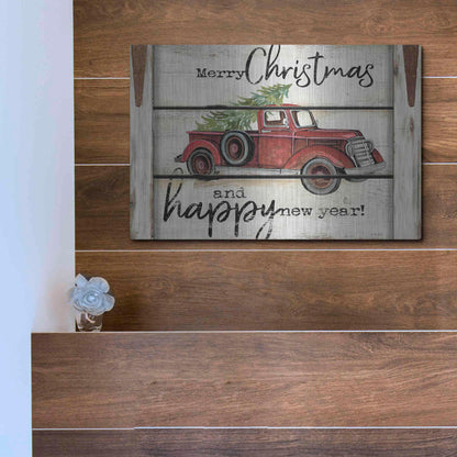 Luxe Metal Art 'Merry Christmas & Happy New Year Red Truck' by Cindy Jacobs, Metal Wall Art,16x12