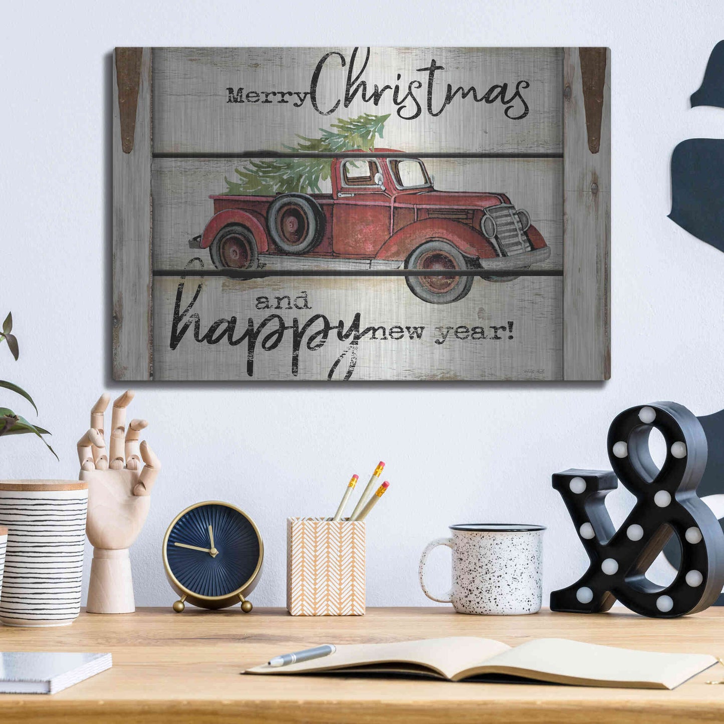 Luxe Metal Art 'Merry Christmas & Happy New Year Red Truck' by Cindy Jacobs, Metal Wall Art,16x12