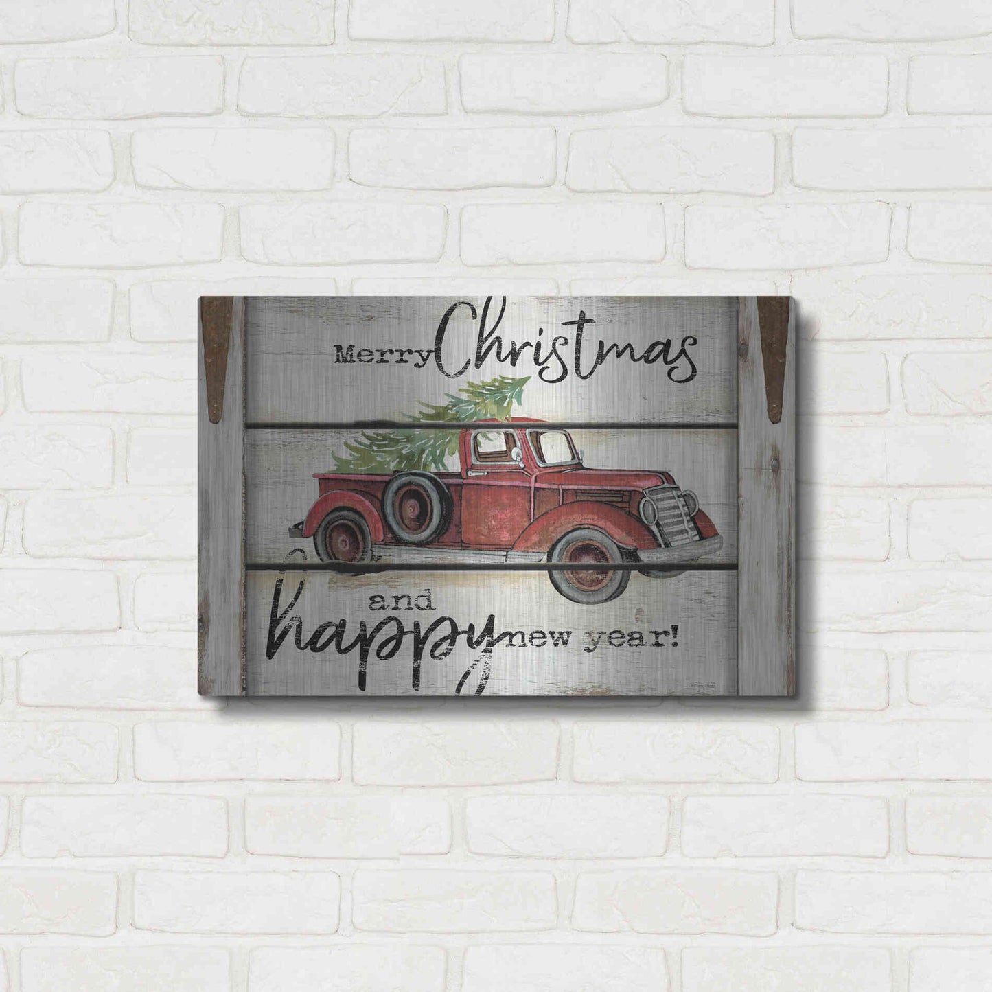 Luxe Metal Art 'Merry Christmas & Happy New Year Red Truck' by Cindy Jacobs, Metal Wall Art,24x16