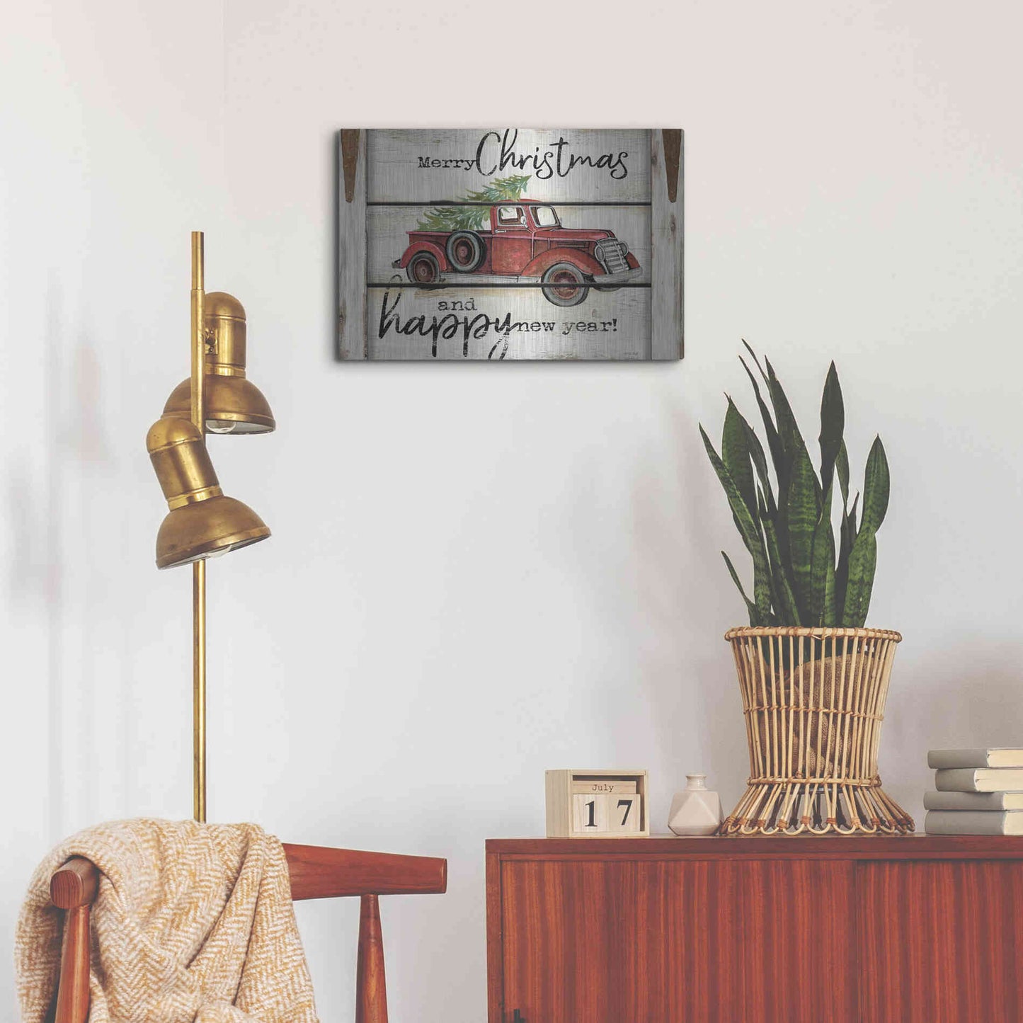 Luxe Metal Art 'Merry Christmas & Happy New Year Red Truck' by Cindy Jacobs, Metal Wall Art,24x16