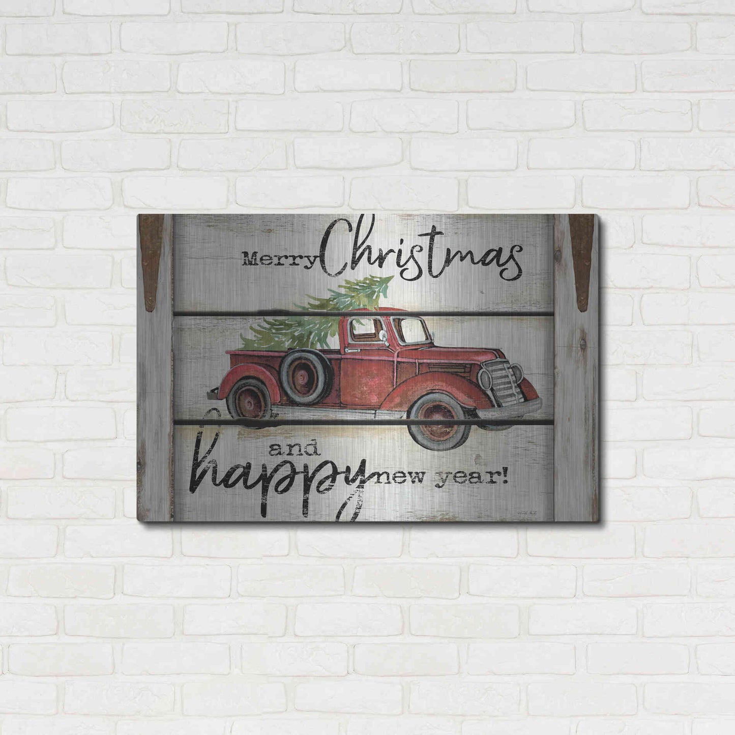 Luxe Metal Art 'Merry Christmas & Happy New Year Red Truck' by Cindy Jacobs, Metal Wall Art,36x24