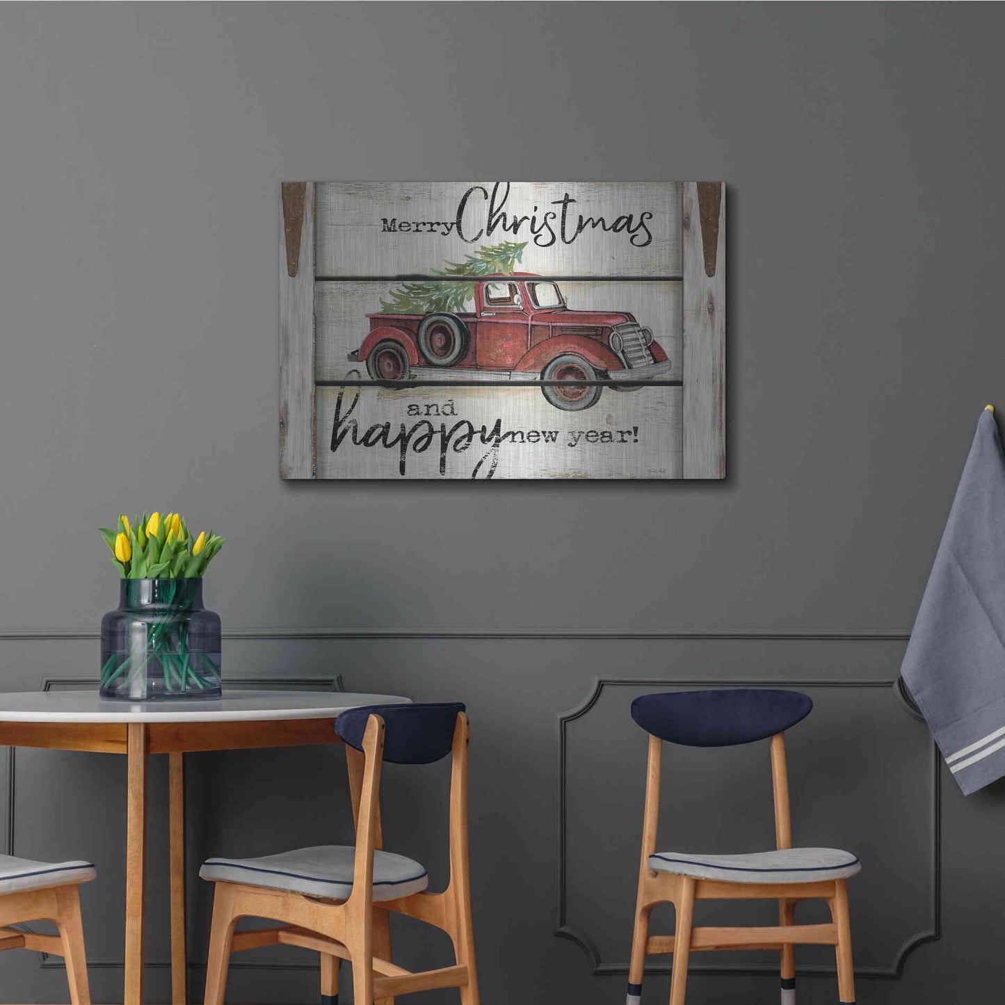 Luxe Metal Art 'Merry Christmas & Happy New Year Red Truck' by Cindy Jacobs, Metal Wall Art,36x24