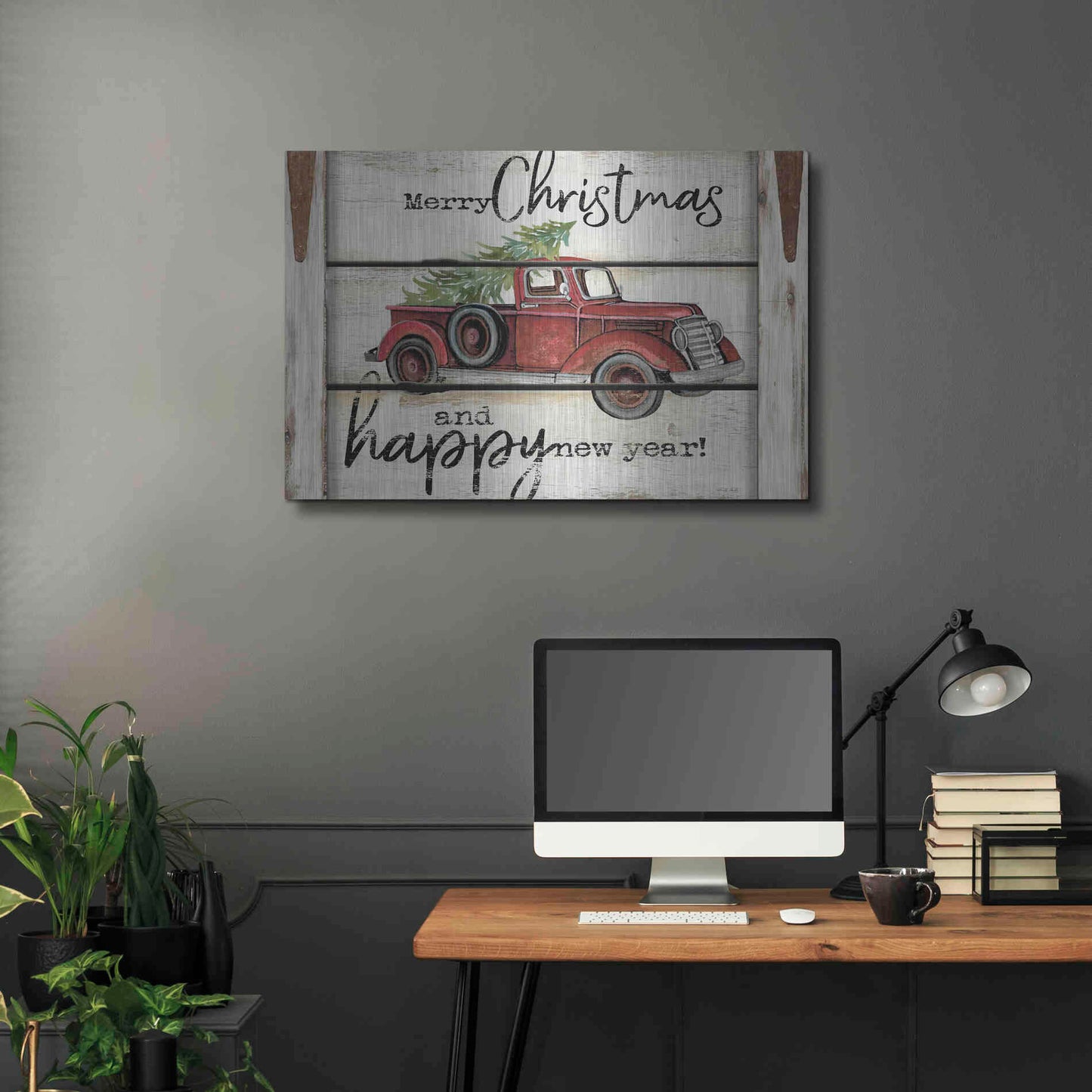 Luxe Metal Art 'Merry Christmas & Happy New Year Red Truck' by Cindy Jacobs, Metal Wall Art,36x24