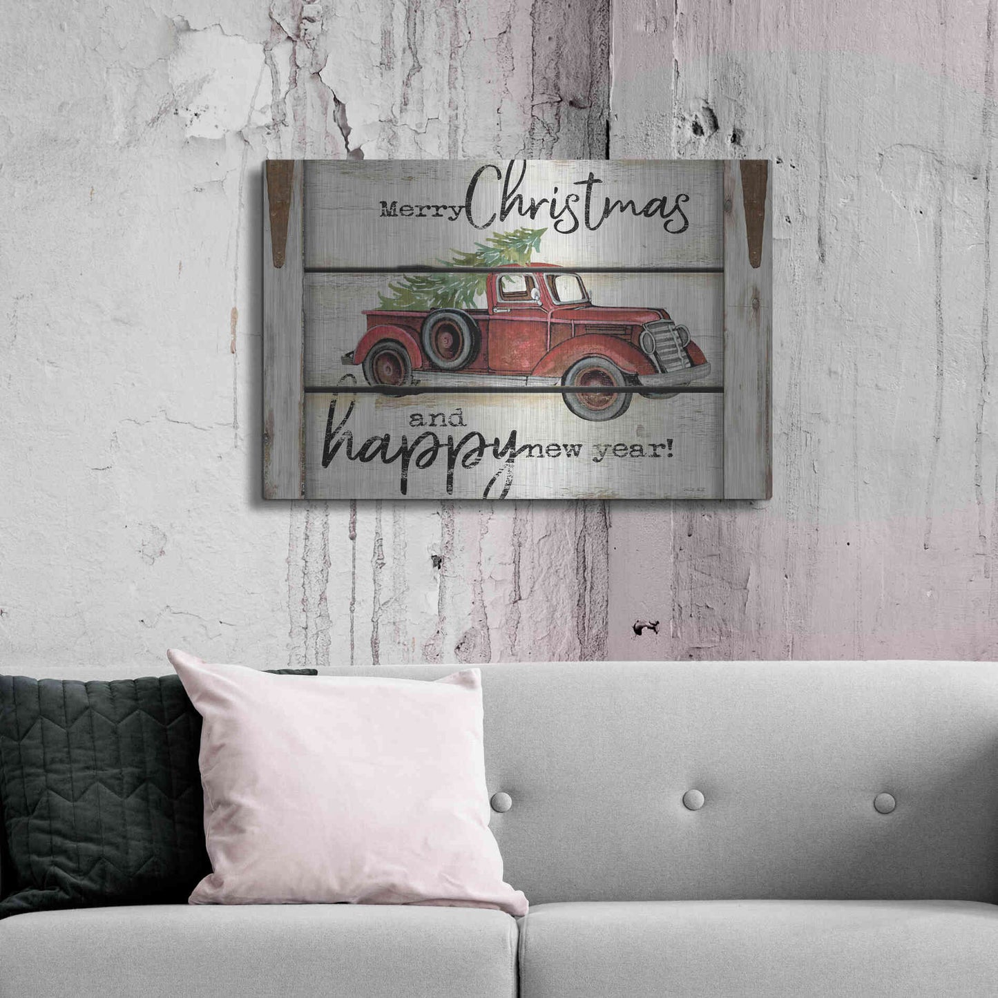 Luxe Metal Art 'Merry Christmas & Happy New Year Red Truck' by Cindy Jacobs, Metal Wall Art,36x24