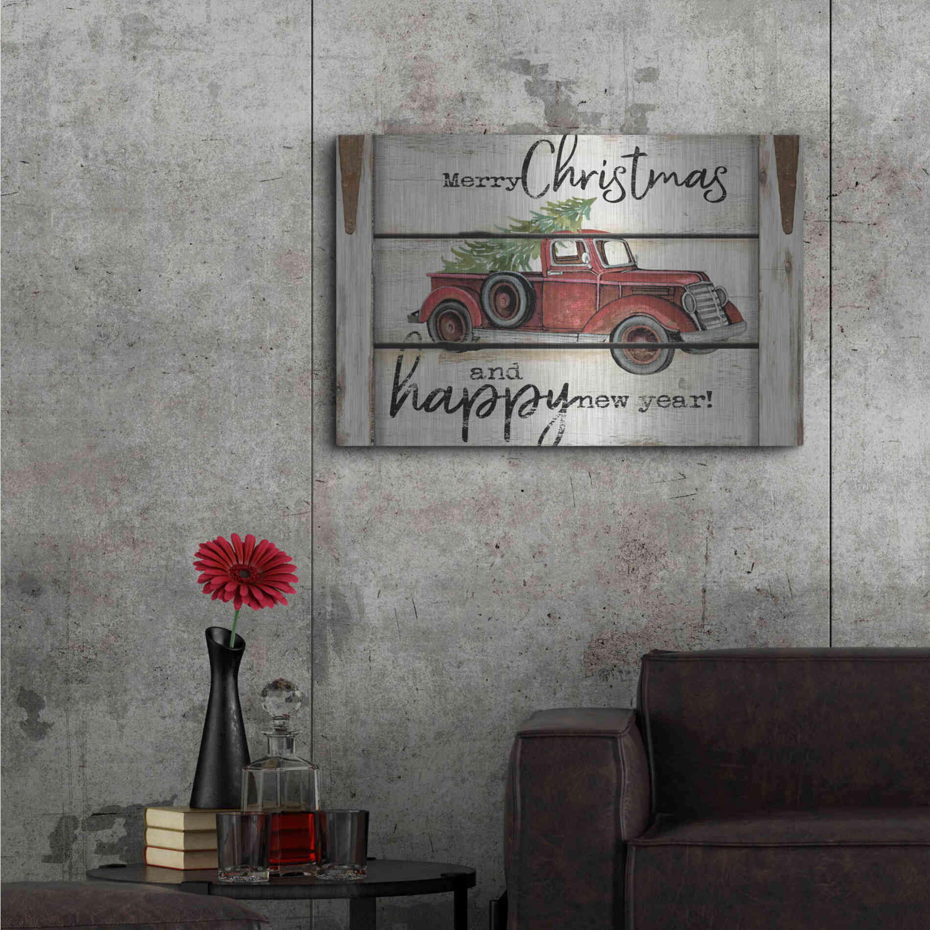 Luxe Metal Art 'Merry Christmas & Happy New Year Red Truck' by Cindy Jacobs, Metal Wall Art,36x24