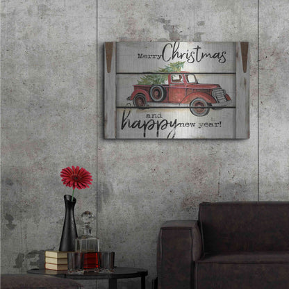 Luxe Metal Art 'Merry Christmas & Happy New Year Red Truck' by Cindy Jacobs, Metal Wall Art,36x24