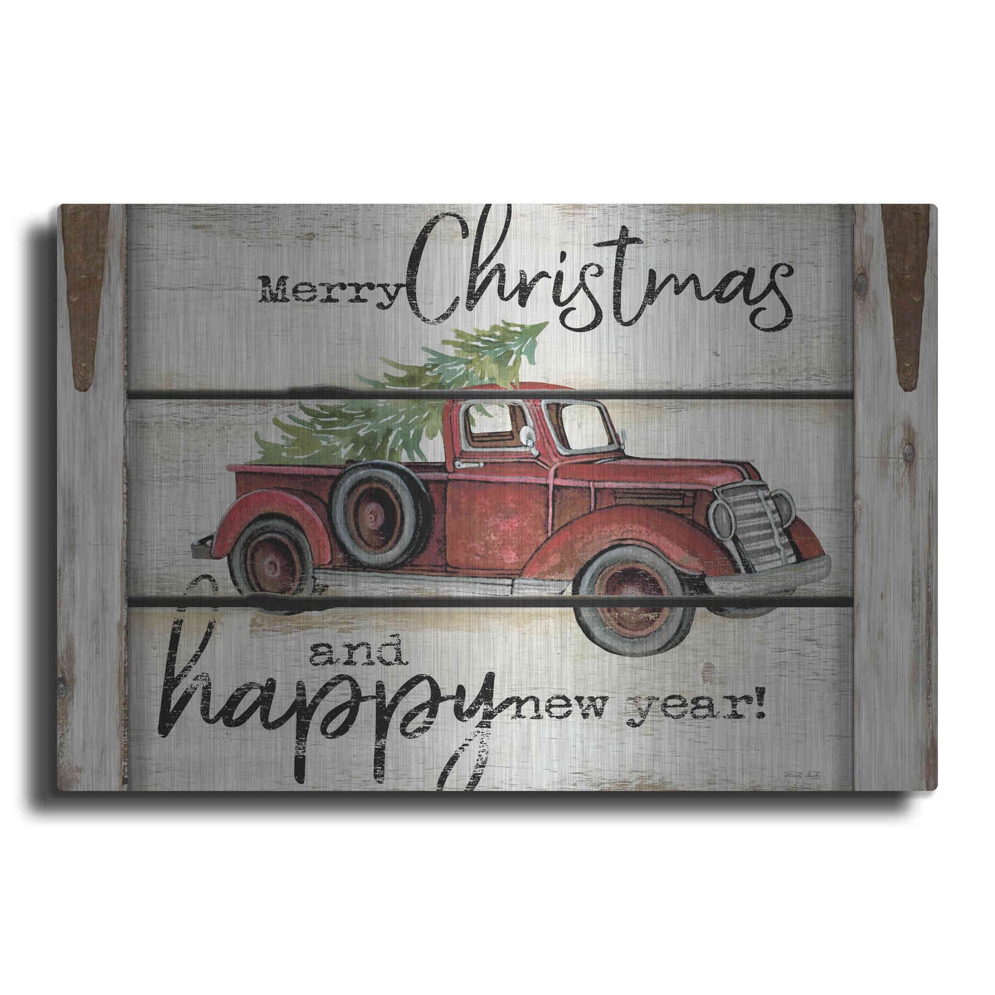 Luxe Metal Art 'Merry Christmas & Happy New Year Red Truck' by Cindy Jacobs, Metal Wall Art