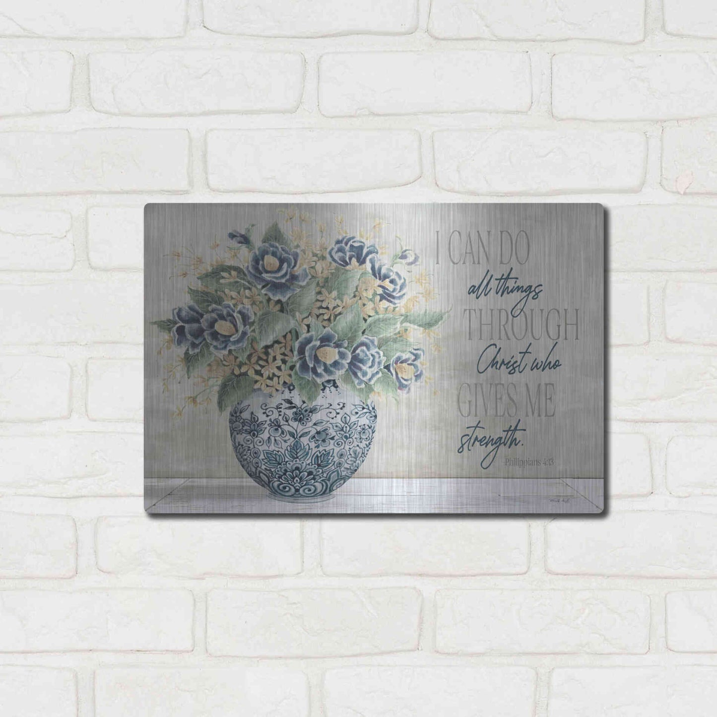 Luxe Metal Art 'I Can Do All Things Blue Vase' by Cindy Jacobs, Metal Wall Art,16x12