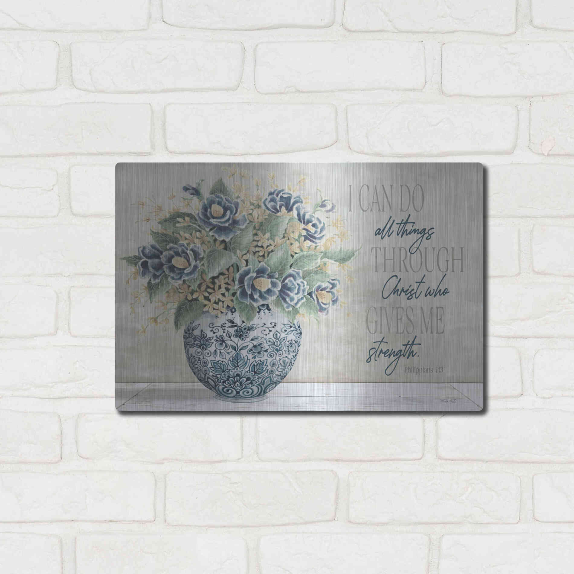 Luxe Metal Art 'I Can Do All Things Blue Vase' by Cindy Jacobs, Metal Wall Art,16x12